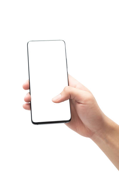 istock Male hand holding the black smartphone and touching on blank screen isolated on white background with clipping path 1172951748