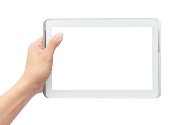 istock Male hand holding the white tablet pc computer with blank screen isolated on white background with clipping path 1172951782