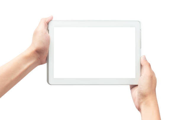 istock Male hand holding the white tablet pc computer with blank screen isolated on white background with clipping path 1172951785