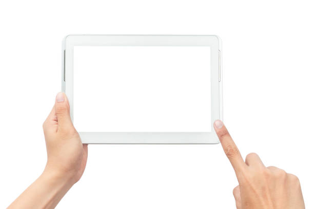istock Male hand holding the white tablet pc computer and touching with blank screen isolated on white background with clipping path 1172951786