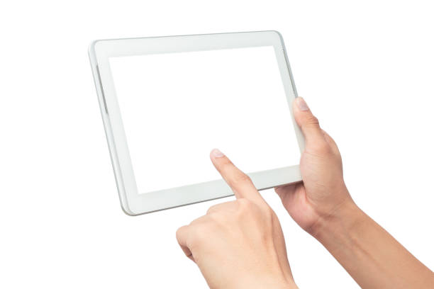 istock Male hand holding the white tablet pc computer and touching with blank screen isolated on white background with clipping path 1172951798