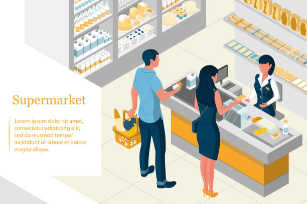 Isometric design of a supermarket. Interior isometric design of a supermarket. Shelves with products. The buyer pays for purchases. A man holds a basket full of purchases. The cashier serves consumers. Landing page. supermarket aisles vector stock illustrations