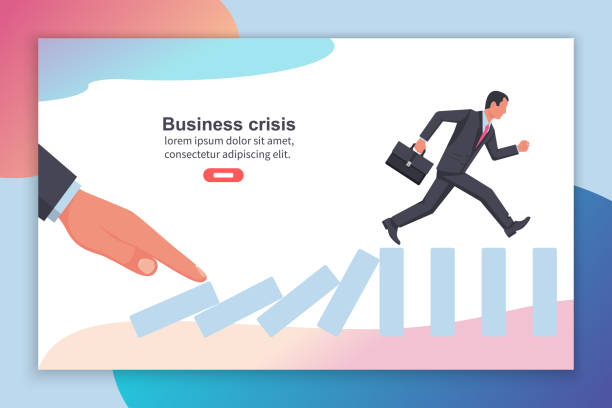 koncepcja kryzysu biznesowego. ręka popycha domino, biznesmen ucieka przed spadającym efektem - domino despair finance debt stock illustrations