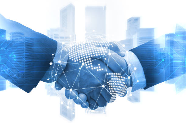istock Deal. business man shaking hands with effect world map global and network link connection graphic diagram blue color tone, digital technology, internet communication, teamwork, partnership concept 1172954424