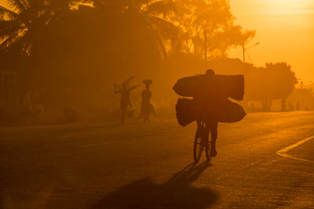 человек на велосипеде с сумками на восходе солнца - developing countries фотографии стоковые фото и изображения