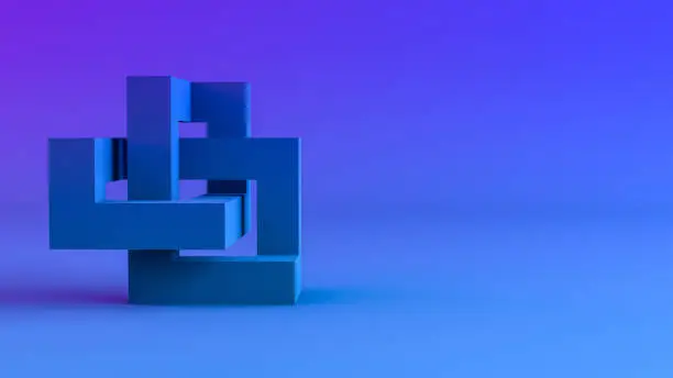 3d rendering of abstract sculptural geometric shaps with neon lights, purple and blue colors.