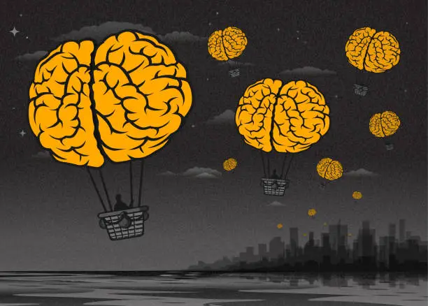 Vector illustration of Brain Drain-Brain Hot Air Balloons