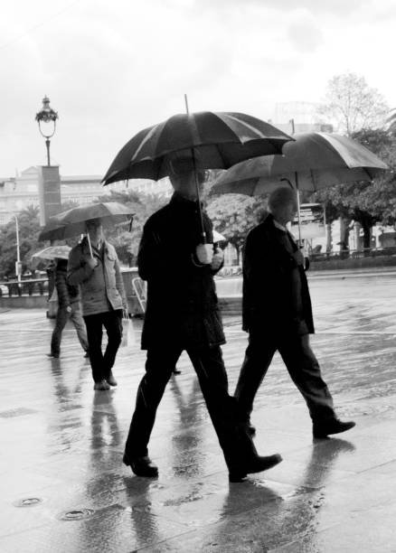 rainy street view of business men silhouetted with umbrella. - umbrella men business businessman imagens e fotografias de stock