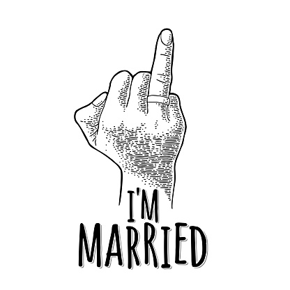 Finger with wedding ring. Female hand showing sign Fuck you. Vector black vintage engraving illustration. Isolated on white background. I'm married lettering. Design for t-shirt