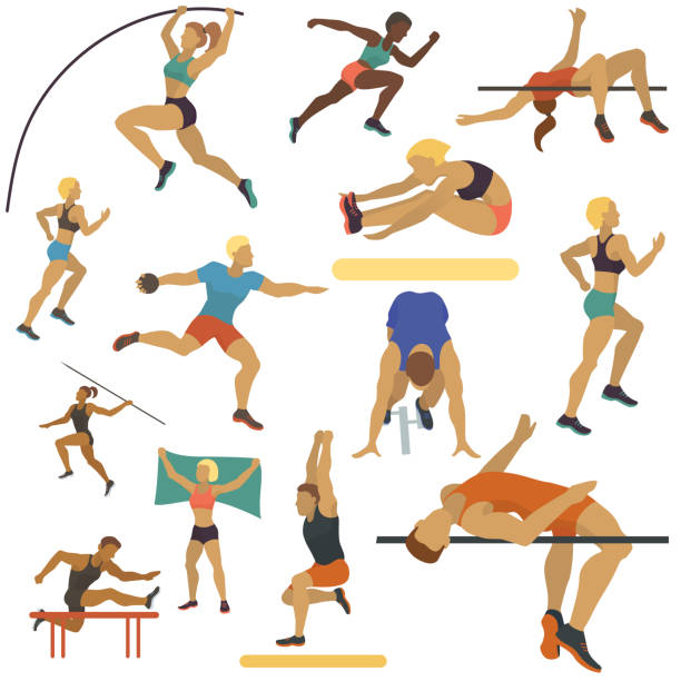 illustrations, cliparts, dessins animés et icônes de illustration sans couture de vecteur de modèle d'homme et de femme d'athlète. exercice masculin dans différentes poses. les figures humaines s'entraînent dans le club sportif. courir et sauter. compétition d'athlétisme. - athlete muscular build hurdle motivation