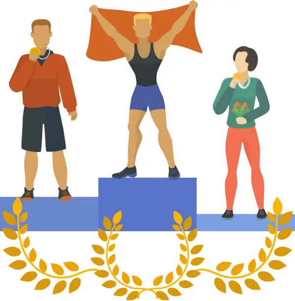 Vector illustration of People standing on podium, awarded with medals, trophies. Man and woman winning first, second, third place in competition. Awards ceremony. Human in stands, raising hand with flag.