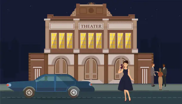 Vector illustration of Woman character wearing luxury outfit near car on theater building background. Girl in elegant dress with phone at theater. Couple having date. Person at VIP event vector illustration.