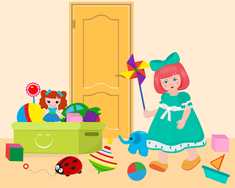 Small girl in game room playing with toys on door background banner vector illustration. Box with ball, doll, car, bricks. Elephant, boat, lady beetle. Kid in dress with bow.