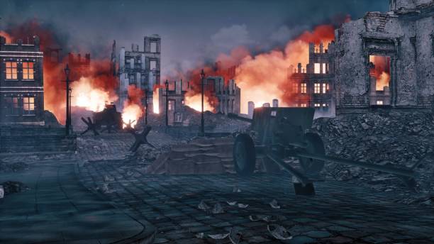 istock Destroyed burning city in ruins after World War 2 1172963551