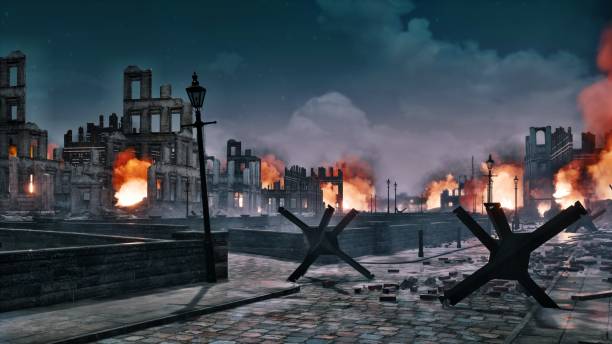 istock Ruined after war abandoned burning city at night 1172963559