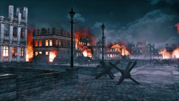 istock Urban battlefield scene with burning building ruin 1172963576