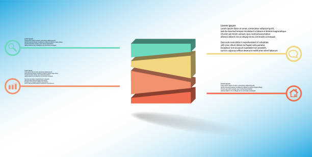 3d 일러스트 인포그래픽 템플릿. 엠보싱 된 큐브는 무작위로 네 부분으로 나뉩니다. 개체는 파란색 흰색 배경에 정렬됩니다. 표지판이 있는 선이 측면에 있습니다. - orange visualization built structure cube stock illustrations