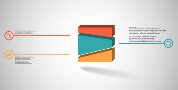 3d 일러스트 인포그래픽 템플릿. 엠보싱 된 큐브는 무작위로 세 부분으로 나뉩니다. 개체는 회색 흰색 배경에 정렬됩니다. 표지판이 있는 선이 측면에 있습니다. - orange visualization built structure cube stock illustrations