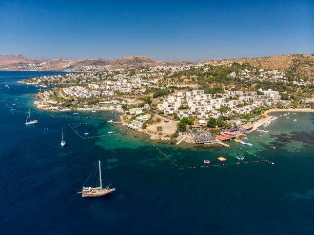 Aerial view of Bitez in Bodrum Bodrum is a town on the southern Aegean coast of Turkey, popular with tourists from all over the world. bodrum stock pictures, royalty-free photos & images