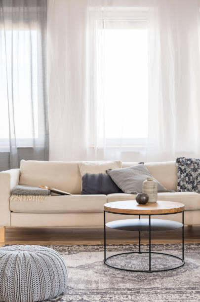 istock Classy living room interior with sofa and coffee table in bright apartment 1172969720
