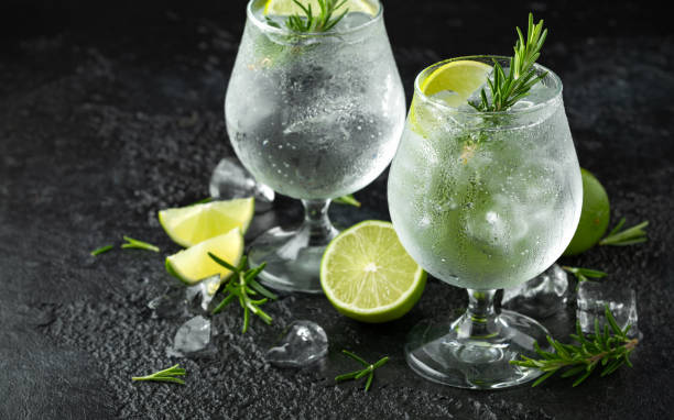 istock Gin and Tonic Alcohol drink with Lime, Rosemary and ice on rustic black table 1172969795