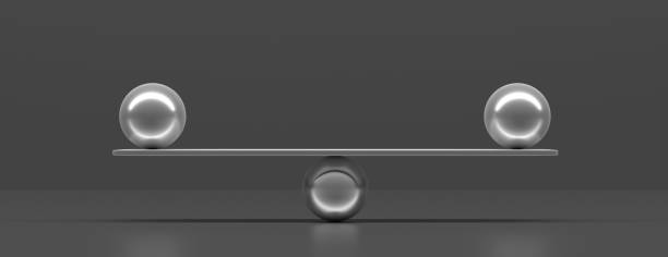 istock Silver balls balanced on a scale beam, black background, banner. 3d illustration 1172971352