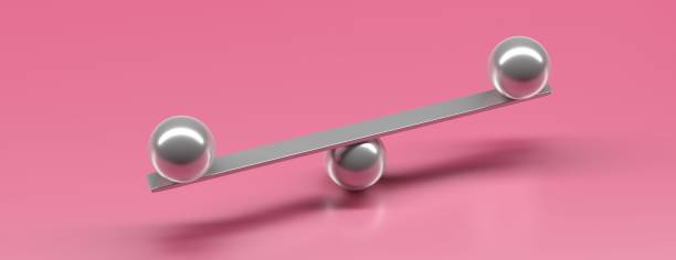 Silver balls balanced on a scale beam, pink background, banner. 3d illustration