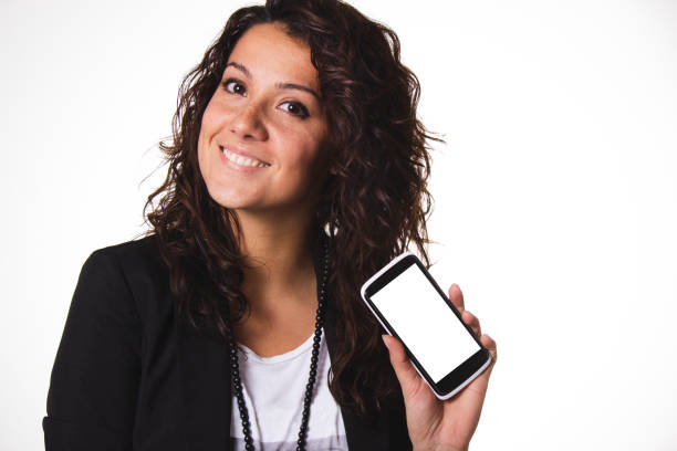 Happy curly woman with her phone