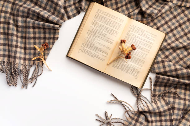 istock Open book and scarf, on a white background. Flat lay. 1172976871