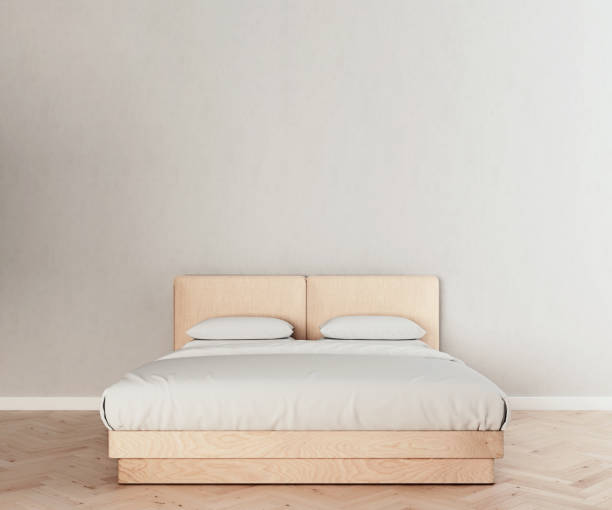 istock Horizontal mock up poster frame in modern interior background, natural light wood bed frame with clean bedding in white bedroom, Scandinavian style, 3D render, 3D illustration 1172977558