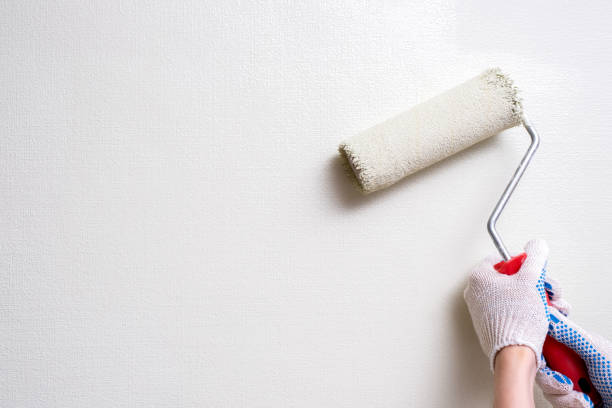 painter holds the roller at the white walls