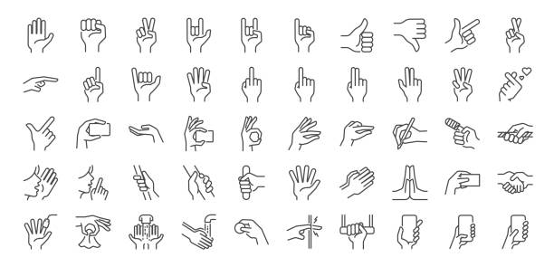 ilustraciones, imágenes clip art, dibujos animados e iconos de stock de conjunto de iconos de línea de gestos de mano. incluye iconos como interacción de los dedos, juramento meñique, punto de dedo índice, saludo, pellizco, lavado de manos y más. - dedo ilustraciones