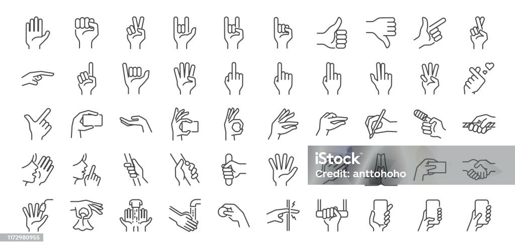 Set di icone della linea dei gesti della mano. Icone incluse come interazione con le dita, giuramento mignolo, punto indice, saluto, pizzico, lavaggio delle mani e altro ancora. - arte vettoriale royalty-free di Mano