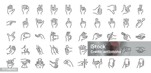 istock Hand gestures line icon set. Included icons as fingers interaction,  pinky swear, forefinger point, greeting, pinch, hand washing and more. 1172980955