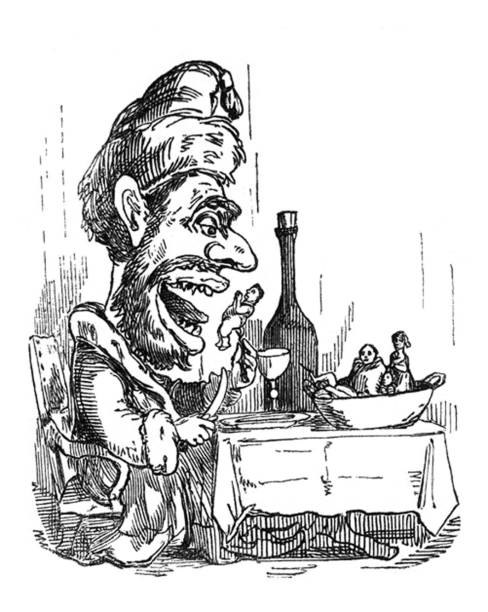 British satire comic cartoon caricatures illustrations - Man with very large head and large mouth eating tiny little people From Punch's Almanack punch puppet stock illustrations