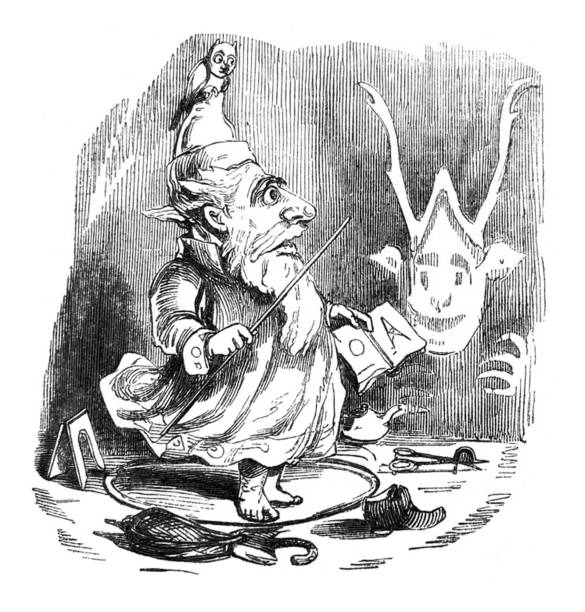British satire comic cartoon caricatures illustrations - Wizard with a wand standing in a circle looking surprised From Punch's Almanack punch puppet stock illustrations