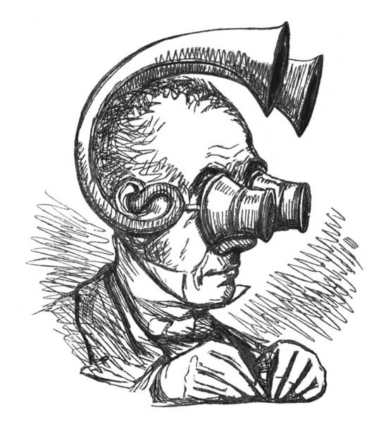 British satire comic cartoon caricatures illustrations - Man with funny seeing and hearing contraption on his head From Punch's Almanack punch puppet stock illustrations