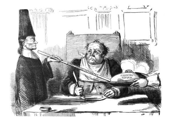 British satire comic cartoon caricatures illustrations - Financial reform as a dinner being pushed away with miscellaneous estimates stick From Punch's Almanack john russell stock illustrations