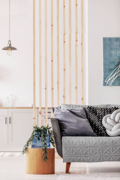 istock Small studio apartment with contemporary kitchen and grey settee, real photo 1172982183