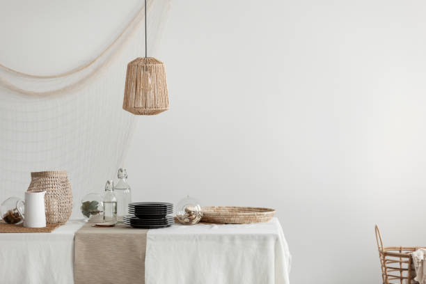 istock Dining room with wicker lamp, tray and basket 1172982288