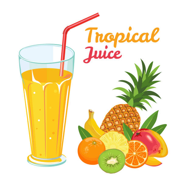 ilustrações de stock, clip art, desenhos animados e ícones de tropical fruit juice in glass cup with straw isolated on white background. vector illustration of pineapple, orange, banana, mango and kiwi drink in cartoon simple flat style. - white background stack heap food and drink