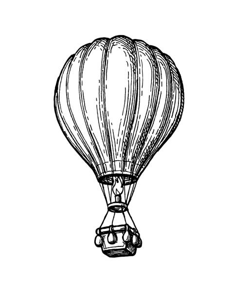 Ink sketch of hot air balloon. Hot air balloon. Ink sketch of aerostat isolated on white background. Hand drawn vector illustration. Retro style. hot air balloon stock illustrations