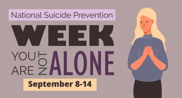 National Suicide Prevention Week in USA. Event is celebrated in September 8-14. National Suicide Prevention Week in USA. Girl is frustrated, depressed. Text you are not alone. Event is celebrated in September 8-14. Cartoon concept vector for web, banner, poster, flyer. you are not alone stock illustrations
