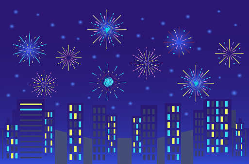 Colorful trendy fireworks in city. Celebration of christmas or mardi gras or brazil carnival pyrotechnics for party festival celebration or anniversary firecracker background vector