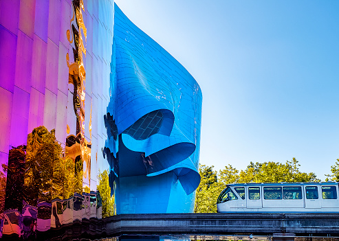 Monorail and Museum of Pop Culture, Seattle - August 26, 2019: iconic architecture of Seattle.