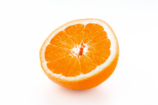 Sliced juicy orange isolated on white background. For desing.
