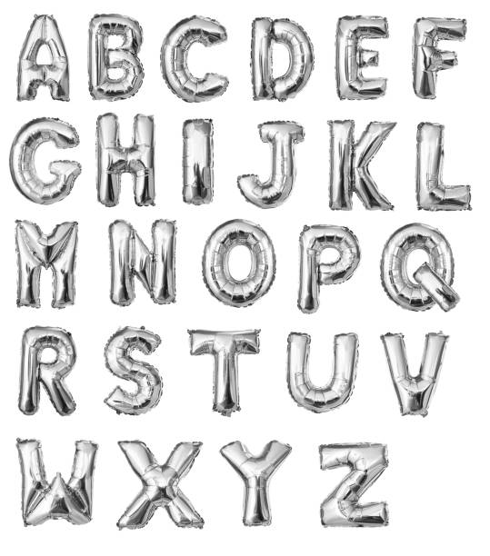 alfabeto palloncino d'argento - letter m alphabet text silver foto e immagini stock