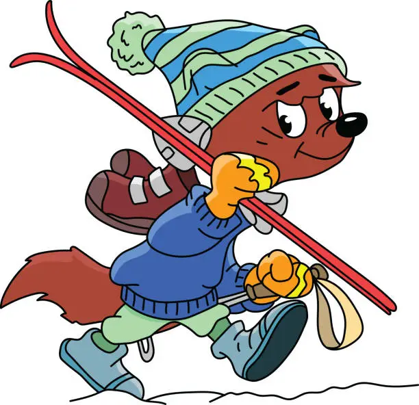 Vector illustration of Cartoon fox goes skiing vector illustration