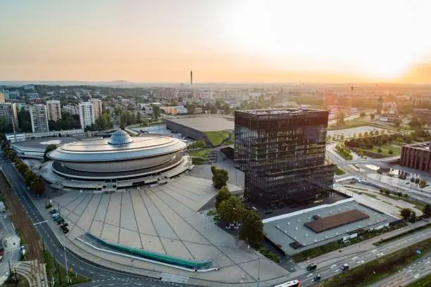 Aerial drone view of Katowice at sunrise. Katowice is the largest city and capital of Silesia voivodeship. Katowice, Silesia, Poland