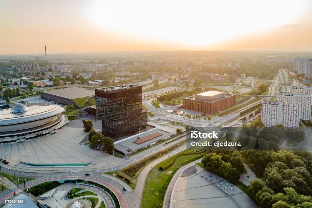 Aerial drone view of Katowice at sunrise. Katowice is the largest city and capital of Silesia voivodeship Aerial drone view of Katowice at sunrise. Katowice is the largest city and capital of Silesia voivodeship. Katowice, Silesia, Poland Katowice Stock Photo